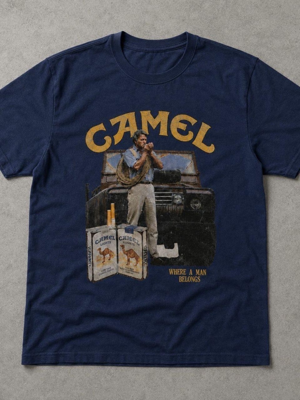 Gildan Navy Camel Graphic Tee with Gold Print